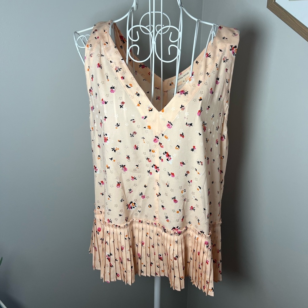 Rebecca Taylor Floral Silk Blouse Pleated V-Neck Pink Peach Size 10 - Picture 3 of 6